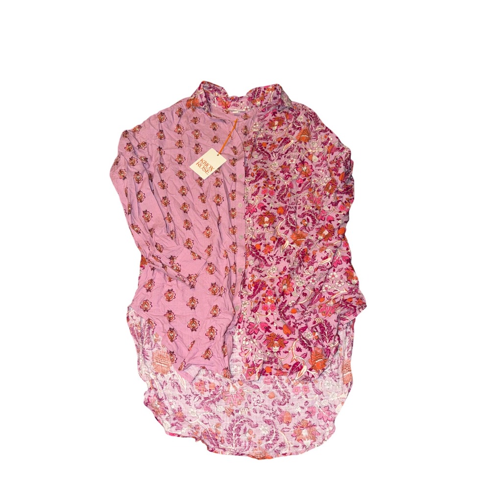 Knox Rose Womens Large NWT Pink Mixed Floral Button Down High-Low Shirt Boho Top